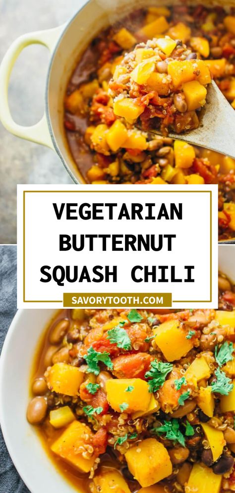 It is easy and fast to make a hearty butternut squash chili, cooking in just 30 minutes on the stovetop. Chili is a great way of incorporating this seasonal squash into your meals, and perfect for vegetarians and vegans alike. Chili Vegetarian, Squash Chili, Stovetop Chili, Winter Squash Recipes, Butternut Squash Chili, Fall Recipes Pumpkin, Vegan Stew, Harvest Recipes, Vegetarian Chili