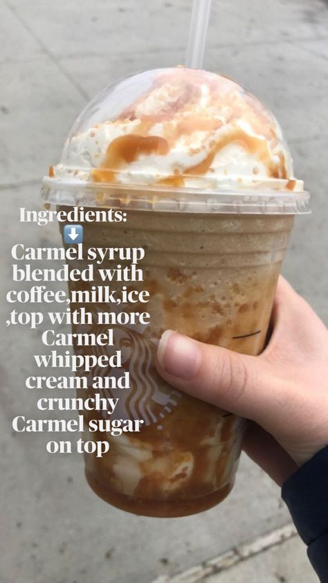 Carmel crunch ribbon Starbucks Frappe Recipe, Caramel Ribbon Crunch, Starbucks Caramel Drinks, Caramel Drinks, Pink Drink Recipes, Fast Food Drinks, Fun Drink Recipe, Frappe Recipe, Secret Starbucks Recipes