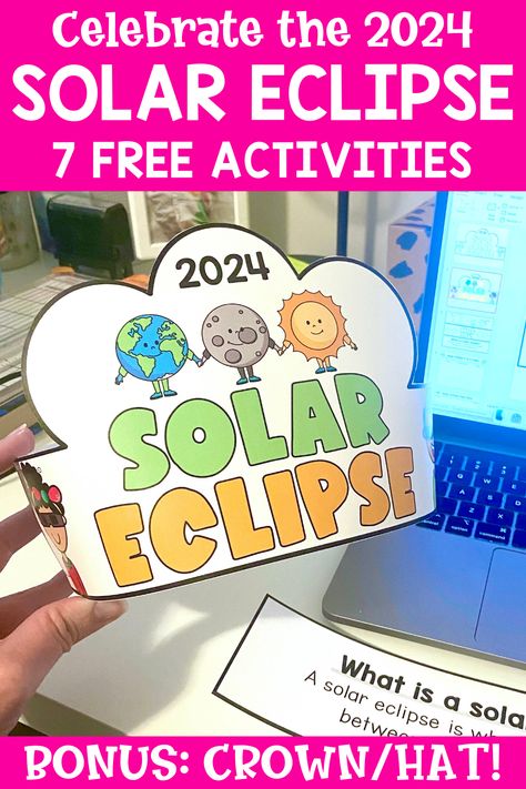 Are you looking for fun and easy solar eclipse worksheets and printables to use with kindergarten, first grade or 2nd grade? Check out this post for 7 free activities, including a solar eclipse hat or crown! Get helpful activities to add to your solar eclipse lesson plans. Add these activities to your celebrations in kindergarten, 1st, and 2nd grade today. Plus, get 7 FREE resources you can use today! Learn more here! Solar Eclipse 1st Grade Activities, Solar Eclipse 2024 Kindergarten, Eclipse Printable Free, Solar Eclipse Lesson First Grade, Solar Eclipse Ideas For Kindergarten, Solar Eclipse Worksheets Free, Solar Eclipse Projects For Preschool, Eclipse Lessons Kindergarten, Solar Eclipse 2024 Preschool