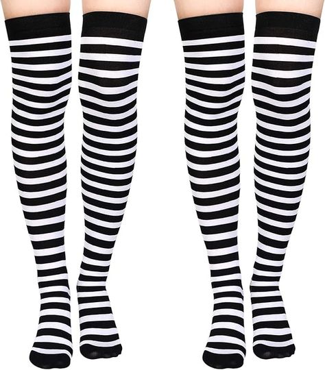 SATINIOR 2 Pairs Women Socks Over Knee Girl Long Opaque Striped Thigh High Socks (White and Black,Classic) at Amazon Women’s Clothing store Thigh High Socks Striped, Striped Thigh High Socks, Womens Knee High Socks, Black And White Socks, Boo Basket, Black Thigh High, Thigh High Socks, Women Socks, Striped Socks