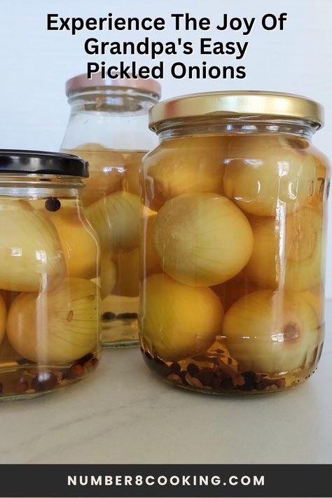 Grandpa's easy pickled onions, a time-honored recipe, yields tender, tangy onions in a sweet and sour spiced vinegar brine. I am unleashing flavorful memories. #pickledonions #pickledvegetables #homemadepickles #fermenting #recipes #cookingathome #onions Best Pickled Onions, Pickling Onions Recipe, Pickled Onions Recipe Quick, Pickles Onions Recipe, Pickle Onions Recipe Vinegar, Pickled Onions Canning Recipe, Fermented Onions Recipe, Pickled Pearl Onions Recipe, Recipe For Pickled Onions