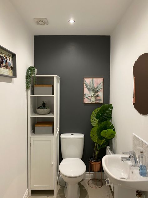 Dark Grey Feature Wall, Grey Feature Wall, Taylor Wimpey, Downstairs Loo, Storage Bathroom, Grey Storage, Downstairs Toilet, Downstairs Bathroom, Bathroom Inspo