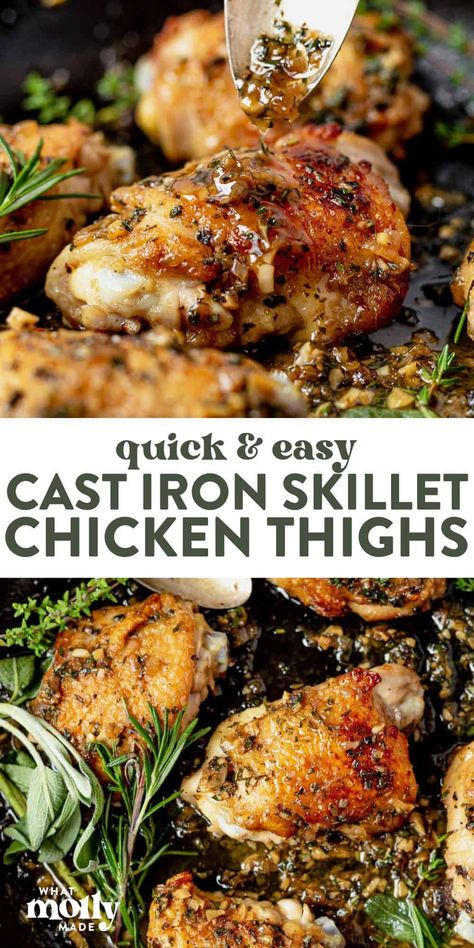 Cast iron skillet chicken thighs are seared over high heat to create a crispy golden skin then baked to perfection and covered in a simple herb pan sauce. This simple dinner is delicious, healthy, and great for weeknights. One of our favorite recipes! Serve over mashed potatoes, rice, or a pasta noodle like spaghetti and top with fresh parmesan if desired. Chicken Thigh Recipes In Skillet, Cast Iron Chicken Drumsticks, One Pan Chicken Thigh Dinner, Chicken Thighs Cast Iron Skillet, Chicken In Cast Iron Skillet, Cast Iron Skillet Meals, Cast Iron Skillet Chicken Thighs, Cast Iron Skillet Recipes Chicken, Chicken Cast Iron Skillet