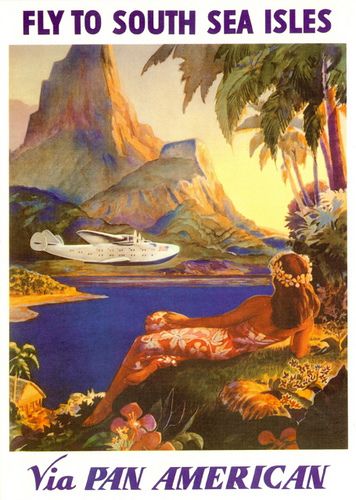 he South Pacific  "The Isle of Enchantment"  Circa: Artist: Paul Lawler  Tahiti Pan Am Clipper airplane travel    Pan American Airways System Hawaii Vintage, Media Poster, Postal Vintage, Travel Ads, Bond Paper, Plain Paper, Pan Am, Vintage Aviation, Vintage Airlines