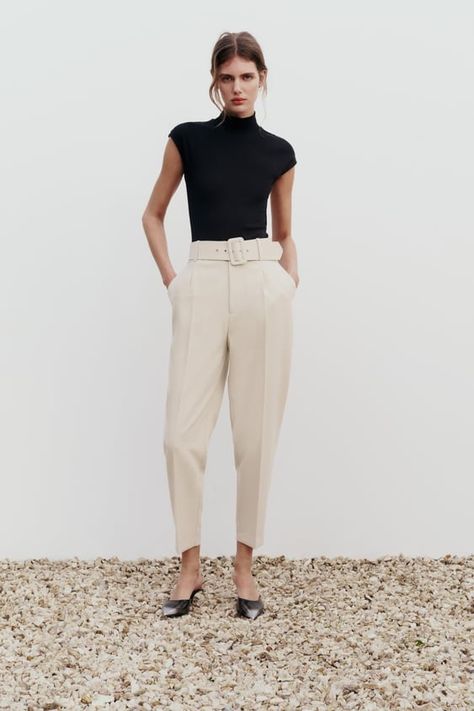 Women's Just In Clothes | Explore our New Arrivals | ZARA United States - Page 3 Zara Belted Pants Outfit, Belted Pants Outfit, Zara Outfit, Belted Pants, Fitted Trousers, Tapered Pants, Ankle Length Pants, Zara Pants, Denim Trousers