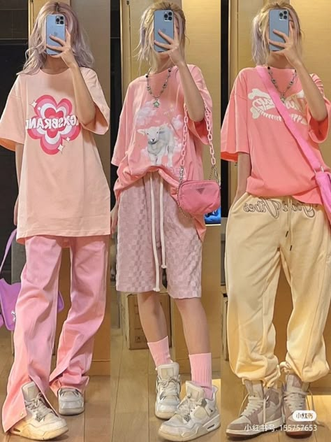 Kawaii Tomboy Outfit, Oversized Shirt Outfit Street Style, Kawaii Street Fashion, Oversized Shirt Outfit, Oversized Shorts, Outfits Pastel, Fashion Chinese, Pink Streetwear, Fashion Oversized