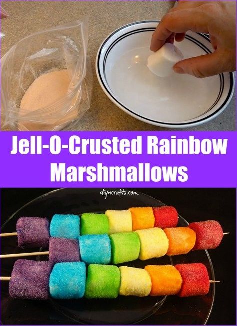 Try this Quick and Easy Sweet Treat: Jell-O-Crusted Rainbow Marshmallows - Brilliant recipe Wiggles Cake, Quick And Easy Sweet Treats, Artist Party, Candy Kabobs, Flavored Marshmallows, Trolls Birthday Party, Rainbow Parties, Marshmallow Treats, Kids Treat