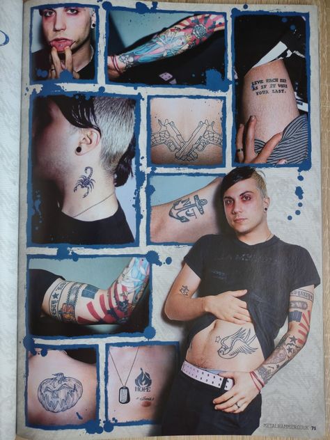 Frank Iero Tattoos, Visual Biography, Tattoos Beautiful, Frank Lero, Ray Toro, I Love Mcr, Mikey Way, Carl Grimes, Punk Music