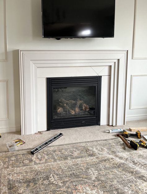 Build A Fireplace Surround, Modern Transitional Fireplace, Modern Fireplace Surround, Fireplace Surround Diy, Easy Diy Fireplace, Diy Fireplace Surround, Diy Fireplace Mantle, Limestone Fireplace Surround, Wooden Fireplace Surround