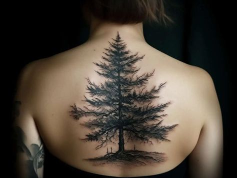 Spine Tree Tattoos For Women, Pine Tree Tattoo With Words, Black Spruce Tattoo, Pine Tree Back Tattoo, Pine Tree Spine Tattoo, Stone Pine Tree Tattoo, Cedar Tree Tattoo, Dainty Pine Tree Tattoo, Feminine Pine Tree Tattoos