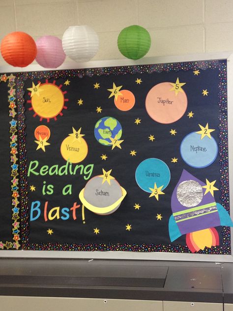 Space themed bulletin board for AR Goals! Each student gets an astronaut to move around the Solar System! Galaxy Classroom, Ar Goals, Class Goals, Space Bulletin Boards, Space Theme Classroom, Science Bulletin Boards, Space Astronauts, Space Names, Library Bulletin Board