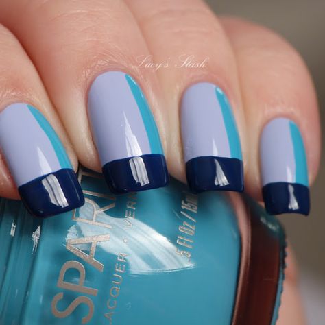 Coloured French Tip Nails, French Tip Nails Blue, Colorblock Nails, Navy Blue And Purple, Purple Nail Designs, Purple Nail, Nails Blue, Nails Polish, I Love Nails