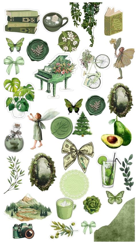 Scrapbook Stickers Printable Aesthetic Green, Green Vintage Stickers Printable, Sage Green Stickers Aesthetic Printable, Green Scrapbook Printables, Scrapbook Stickers Printable Vintage Aesthetic Green, Journal Green Aesthetic, Green Design For Scrapbook, Green Scrapbook Stickers, Green Vintage Stickers