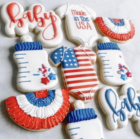 4th Of July Baby Shower Cookies, Baby Your A Firework, 4th Of July Gender Reveal Cookies, What Will Our Little Firecracker Be, Red And Blue Gender Reveal, Gender Reveal Fireworks Theme, Gender Reveal 4th Of July, Red White And Due Gender Reveal Party, Gender Reveal Ideas 4th Of July