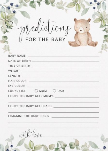 Forest Baby Shower Ideas, Woodland Forest Baby Shower, Woodland Theme Baby, Baby Prediction Cards, Cute Gender, Greenery Design, Forest Baby Showers, We Can Bearly Wait, Woodland Bear