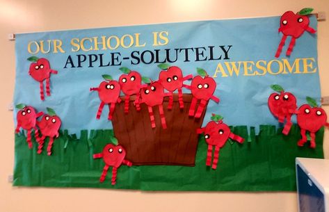 September preschool bulletin board! Apples! September Boards For Preschool, Apple Door Decorations Preschool, Bulletin Board Ideas First Grade, September Bulletin Board Ideas Daycare, Apple Bulletin Board Ideas Preschool, September Bulletin Board Ideas Preschool, September Bulletin Board Ideas, September Bulletin Board, Disney Bulletin Boards