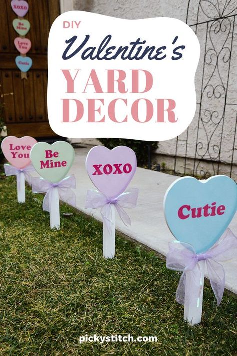 It sounds cliche, but I absolutely love Valentine's Day and really get into the decorating aspect. Not just inside, but my yard as well. My neighbors always tell me how they wish they had such cute yard decor but don't know where to buy it. That's just it, you don't buy it, you make it. Yep, another awesome DIY project from Picky Stitch. Keep reading to learn how your yard will be the cutest on the block. #DIYValentineyardecor #DIYholidaydecor #valentinesdecor Yard Decor Ideas, Valentines Outdoor Decorations, Valentines Window Display, Diy Yard Decor, Valentine Candy Hearts, Diy Valentine's Day Decorations, Coffee Gifts Card, Diy Valentines Decorations, Valentine's Day Decor