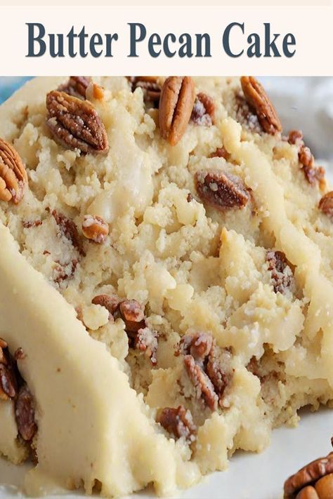 Indulge in the rich flavors of this homemade Butter Pecan Cake! Perfect for special occasions, this cake combines browned butter and finely chopped pecans for a moist, tender crumb, topped with a creamy frosting. Easy to make and absolutely delicious, this Butter Pecan Cake recipe is a must-try for any dessert lover. Pin now and bake later! #ButterPecanCake #BakingRecipes #DessertIdeas #CakeRecipes #HomemadeCakes Butter Pecan Cake Recipe, Butter Pecan Pound Cake Recipe, Pecan Pie Cake, Pecan Desserts, Butter Pecan Cake, Poke Cake Recipes, Pecan Cake, Pecan Recipes, Caramel Cake