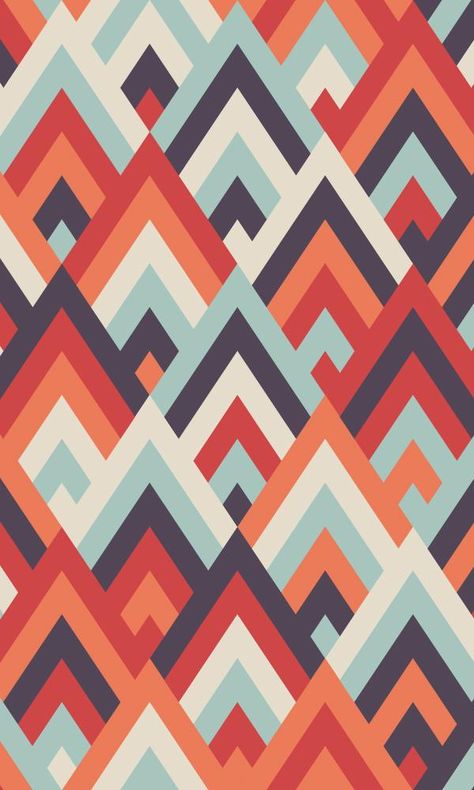 This geometric art deco inspired wallpaper mural features triangular shapes aligned and layered to create a pattern that resembles 2-dimensional mountains. The contrast of the warm and cool colours creates a retro feeling that pops off the wall. Retro Pattern Geometric, Tattoo Modern, Illustration Simple, Geometric Pattern Art, Design Mandala, Warm And Cool Colors, Drawing Simple, Art Deco Patterns, Geometric Pattern Design