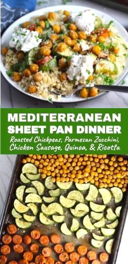 This Easy & Delicious Mediterranean SHEET PAN DINNER has hearty and satisfying chicken sausage, creamy and bright zucchini. and crispy nutty chickpeas.  Everything is infused with Mediterranean flavors from the garlic, oregano, and olive oil.  Serve over quinoa with a few dollops of seasoned Ricotta and you gotta one heck of a delicious dinner! #sheetpandinner #easydinner #healthydinner #familydinner #dinnerideas #onepandinners #30minutemeals #chickpeas #quinoa #glutenfree Quinoa Sausage Recipes, Easy Mediterranean Sheet Pan Dinner, Mediterranean Diet Sheet Pan Dinners, Mediterranean Dinner Ideas Easy, Spring Sheet Pan Dinners, East Mediterranean Recipes, Mediterranean Sausage Recipes, Mediterranean Sheet Pan Recipes, Mediterranean Diet Sheet Pan Recipes