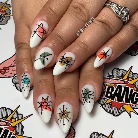 FINGER BANG on Instagram: “@nail.raiser @apresnailofficial GelX set inspired by retro atomic frosted glassware on @sopranolessons #apresgelx #fingerbangportland…” Mcm Nail Art, Atomic Nail Art, Mod Nail Art, 1950 Nails Design, Fallout Nail Art, Mid Century Modern Nails, Pyrex Nails, Atomic Nails, Fallout Nails