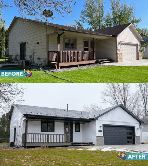 Check out this stunning transformation 🤩 An amazing exterior makeover that took this home from dated to dazzling! 🏡 #HomeRenovation #BeforeAndAfter #CurbAppeal #ExteriorDesign #HomeImprovement #MNContractor Single Story House Exterior, House Exterior Before And After, Single Story House, Exterior Makeover, Story House, Curb Appeal, Home Renovation, Exterior Design, Old And New