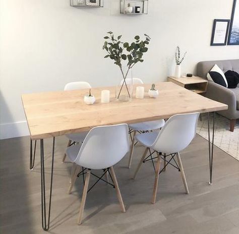 Hairpin Dining Table With Chairs, Hair Pin Leg Dining Table, Hairpin Leg Dining Table, Distressed Dining Table, Florida Apartment, Hairpin Dining Table, Eames Dining, Diamond House, Eames Dining Chair