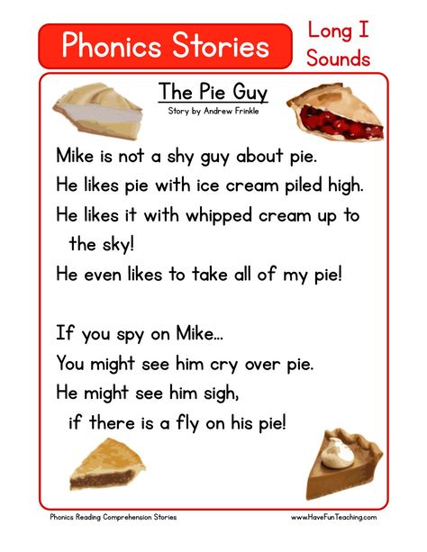 This Reading Comprehension Worksheet - The Pie Guy is for teaching reading comprehension. Use this reading comprehension story to teach reading comprehension. Long I Story Reading, Ingles Kids, Phonics Readers, Phonics Reading Passages, Teaching Reading Comprehension, Reading Comprehension Kindergarten, Reading Comprehension Lessons, Preschool Reading, Have Fun Teaching