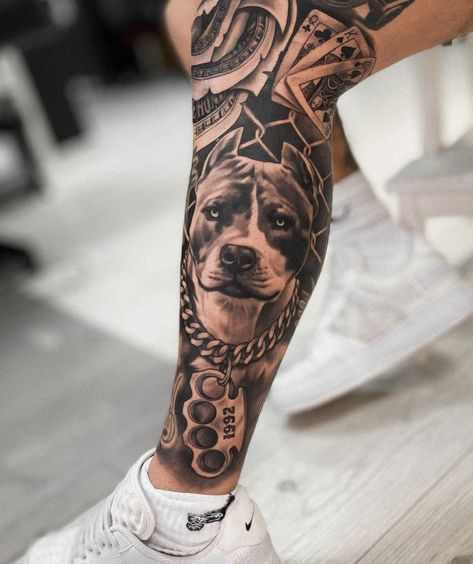 Acab Tattoo, Dog Portrait Tattoo, Chicano Tattoos Sleeve, Pitbull Tattoo, Full Leg Tattoos, Gangsta Tattoos, Chicano Style Tattoo, Bull Tattoos, Men Tattoos Arm Sleeve