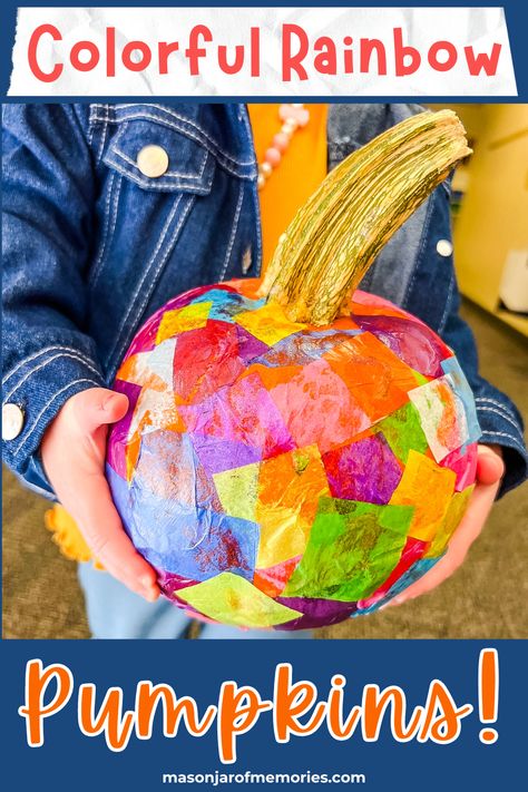 Simple Pumpkin Craft made from a pumpkin, Mod Podge, and squares of tissue paper. This pumpkin has an assortment of colored tissue squares is being help by a toddler wearing a dark blue jean jacket. Tissue Pumpkin Craft, Pumpkin Craft Ideas For Toddlers, Pumpkin Decorating For Preschoolers, Painting Pumpkins Preschool, Real Pumpkin Crafts For Kids, Pumpkin Decorating Ideas Preschool, Carving Pumpkin Ideas Easy, Pumpkin Painting Preschool, Pumpkin Decorating Preschool