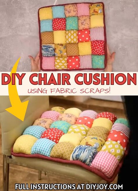 DIY Easy Chair Cushion with Fabric Scraps Tutorial | Cute Sewing Project Ideas Pillow Chair Diy, Folding Chair Cushions Diy, Chair Cushion Sewing Pattern, Sew Chair Cushion, Seat Cushion Pattern, Quilted Chair Cushions, Sewing Chair Cushions, Quilted Seat Cushions, Diy Outdoor Furniture Cushions