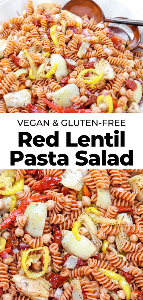 Red Lentil Pasta Salad, Lentil Pasta Salad, Gluten Free Mediterranean, Red Lentil Pasta Recipes, Red Lentil Salad, Lentil Pasta Recipe, Legume Recipes, Red Lentil Pasta, Mediterranean Pasta Salad