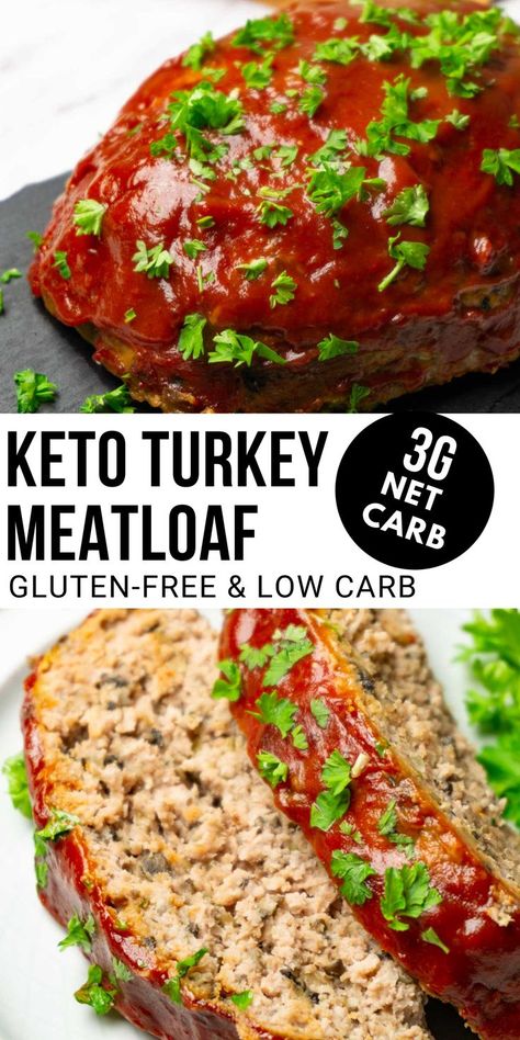 Two pictures showing turkey meatloaf with a ketchup glaze. Keto Turkey Meatloaf, Low Carb Turkey Meatloaf, Ground Turkey Meatloaf Recipes, Turkey Meatloaf Recipe Easy, Turkey Meatloaf Healthy, Healthy Thanksgiving Dinner, Ground Turkey Meatloaf, Turkey Meatloaf Recipe, Keto Turkey