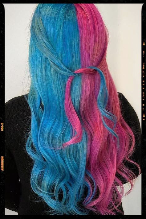 Blue and Pink Hair - Split Hair Blue And Pink Split Hair, Blue And Pink Split Dye, Pink And Blue Split Dye Hair, Half Blue Half Pink Hair, Blue And Pink Hair Ideas, Blue Split Dye Hair, Half Pink Hair, Blue And Pink Highlights, Half And Half Hair Color