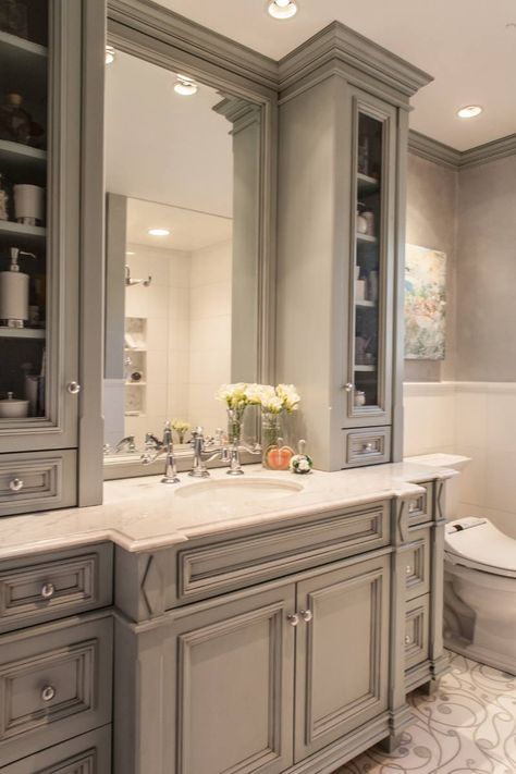 Bathrooms - French Country - Bathroom - Boston - by Design Complements | Houzz French Country Bathroom Vanity, French Style Bathroom, Glass Front Cabinet, Country Bathroom Vanities, Bathroom French Country, Bathroom Redecorating, Glamorous Bathroom, French Bathroom, Bathroom Cabinets Designs