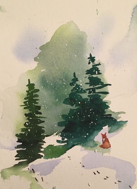 Easy Winter Watercolor, Winter Watercolor Simple, Watercolour Winter, Painted Christmas Cards, Watercolor Winter, Winter Watercolor, Christmas Card Art, Watercolor Pictures, Diy Watercolor Painting