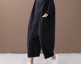 Lovely wool cotton to my customers by Aliceswool on Etsy Black Summer Jumpsuit, Summer Jumpsuits, Jumpsuits Casual, Loose Romper, Cotton Dungaree, Woolen Clothes, Jumpsuit Casual, Pants Linen, Womens Jumpsuits