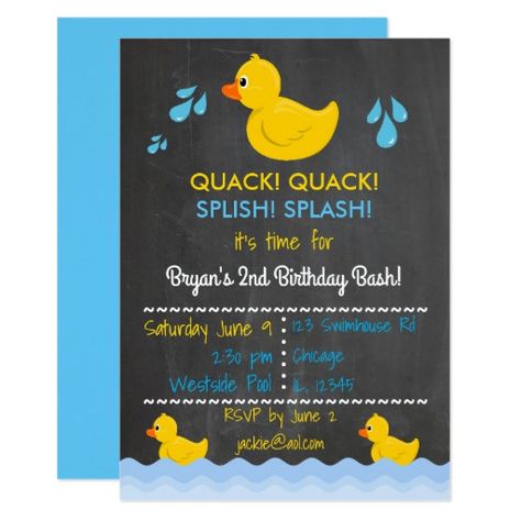 Chalkboard Yellow Duck Splash Birthday Invitation Duck 2nd Birthday, Rubber Duck Birthday Party Ideas, Rubber Duck Birthday, Yellow Birthday Parties, Chalkboard Birthday, Rubber Ducky Baby Shower, Duck Birthday, 1st Birthday Pictures, Yellow Birthday