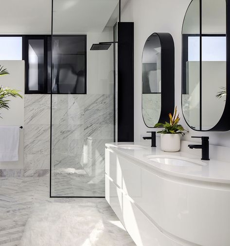 Marble Bathroom Black Fixtures, Evergreen Bathroom, Black Hardware Bathroom, Carrera Marble Bathroom, Monochromatic Bathroom, Grey Marble Bathroom, Carrara Marble Bathroom, Black Fixtures, Matte Black Bathroom