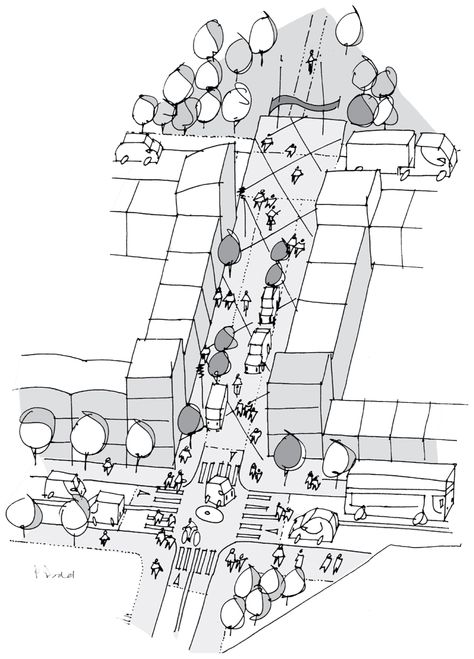 Sketch of a street - from Urban Design London Slow Streets Sourcebook Street Sketch Architecture, Complete Street Urban Design, Urban Design Cross Section, Urban Design Drawing, Urban Planning Sketch, Urban Design Concept Sketch, Urban Design Sketches, Urban Design Illustration, Street Section Architecture