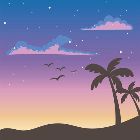 Cartoon sunset sky with tropical palm trees Beach Aesthetic Drawing, Sunset Animated, Sunset Cartoon, Cartoon Sunset, Thigh Pics, Drawing Sunset, Vector Animation, Tropical Palm Trees, Tropical Illustration