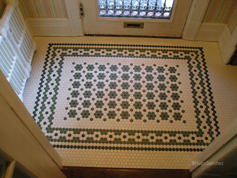 Octagonal tile design for floor Hugo Sanchez, Entry Tile, Entryway Tile, Victorian Tile, Foyer Flooring, Entryway Flooring, Penny Tile, Mosaic Floor Tile, Patterned Floor Tiles