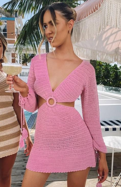 9.0 Swim Cleo Crochet Dress Pink – Beginning Boutique US Night Club Dress, Mode Crochet, Dress Party Night, Pink Crochet, Mini Dresses Online, Knitted Bodycon Dress, Beginning Boutique, Midi Dress Party, Mini Dress Casual