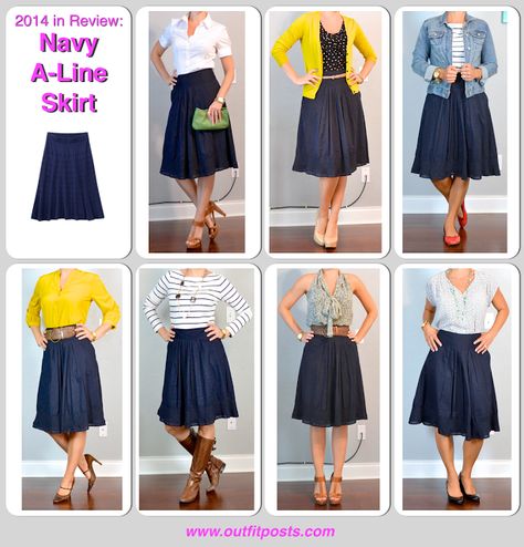 Outfit Posts: One Piece - Multiple Ways Daily Outfit Post Navy Skirt Outfit, Midi Rock Outfit, Blue Skirt Outfits, A Line Skirt Outfits, Mode Rockabilly, Skirt Outfit Ideas, Skirts Outfits, Below The Knee Dresses, Glamorous Outfits