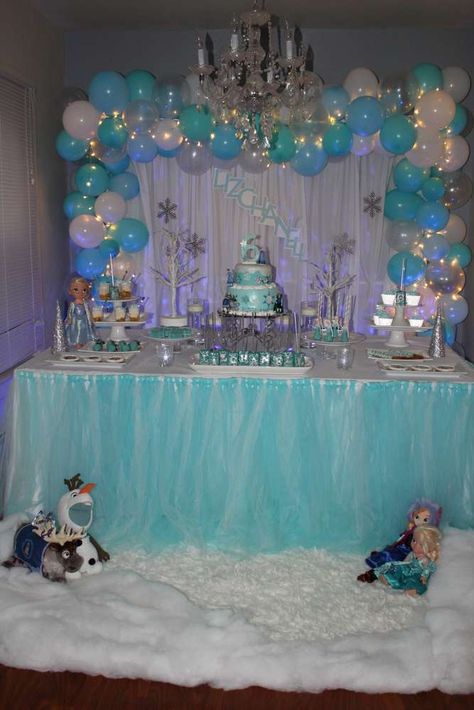 Lizchanell's Frozen Birthday party  | CatchMyParty.com Elsa Birthday Party Ideas Decoration, Frozen 1st Birthday Party, Frozen Birthday Decorations, Frozen 3rd Birthday, Frozen Birthday Party Ideas, Frozen Birthday Party Decorations, Elsa Birthday Party, Frozen Bday Party, Frozen Party Decorations