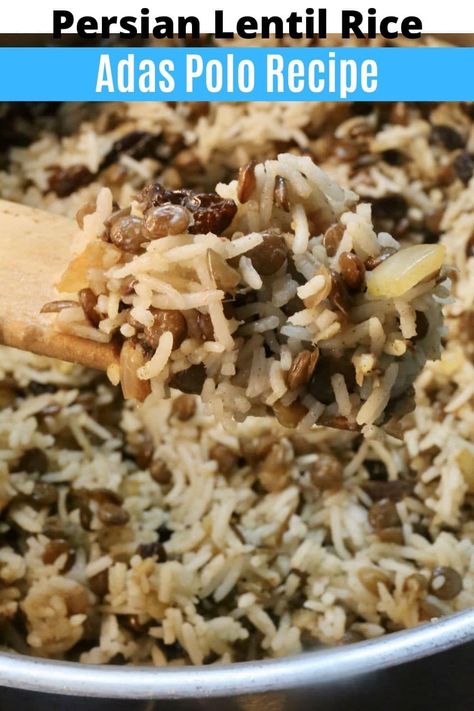 How to make the best homemade Adas Polo recipe. Our quick & easy Persian Lentil Rice is a popular side dish or entree in Iranian family kitchens. Tender lentils and fragrant basmati rice are cooked with sweet dried fruit, onion and Middle Eastern spices like saffron, cinnamon and cumin. We prefer using dates and raisins. You can make vegetarian or vegan Adas Polo Lentil Rice by substituting butter for vegetable oil and chicken stock for vegetable or mushroom broth. Lentil Rice Pilaf, Persian Lentil Rice, Iranian Rice Recipe, Adas Polo Recipe, Iranian Rice Persian Recipes, Canned Lentil Recipes, Lentil Rice Recipe, Afghani Recipes, Adas Polo