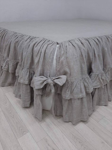 "Linen Bed skirt split corners/ruffled panels/Dust Ruffle Bedskirt  This listing includes 1 bed skirt. Double ruffles on 3 sides with bow, split corners . This bedskirt should be placed under the mattress, choose the length of the drop according to the height of your bed.We offer a large selection of drop lengths, but if you don't find your size, write to us in the comments and we will make an individual size. DESCRIPTION: * Stonewashed organic 100% flax * French seams (the fabric edges are hidd Linen Bed Skirt, Ruffle Bedspread, White Bed Skirt, Queen Bedskirt, Children's Bedding, Country Bedding, Bed Scarf, Shabby Chic Pillows, Ruffle Linen