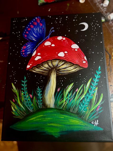 Dark Mushroom Painting, Mushroom Paintings Easy, Abstract Mushroom Art, Mushroom Art Ideas, Simple Mushroom Painting, Mushroom Canvas Painting, Trippy Mushroom Painting, Mushroom Painting Ideas, Alien Forest