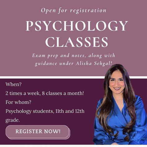 Enhance your psychology knowledge and exam performance with guidance from Alisha Sehgal! 💯 Open for registration, these comprehensive psychology classes for 11th and 12th-grade students offer in-depth exam prep and detailed notes. 📝 Join now to attend classes twice a week and gain the academic edge you need. Register today to secure your spot and start excelling in your psychology studies! . . . [Psychology classes, Tutor, exam prep, guidance tutor, psychology notes] Psychology Notes, Psychology Studies, Psychology Student, Exam Prep, 12th Grade, Psychologist, Psychology, Quick Saves