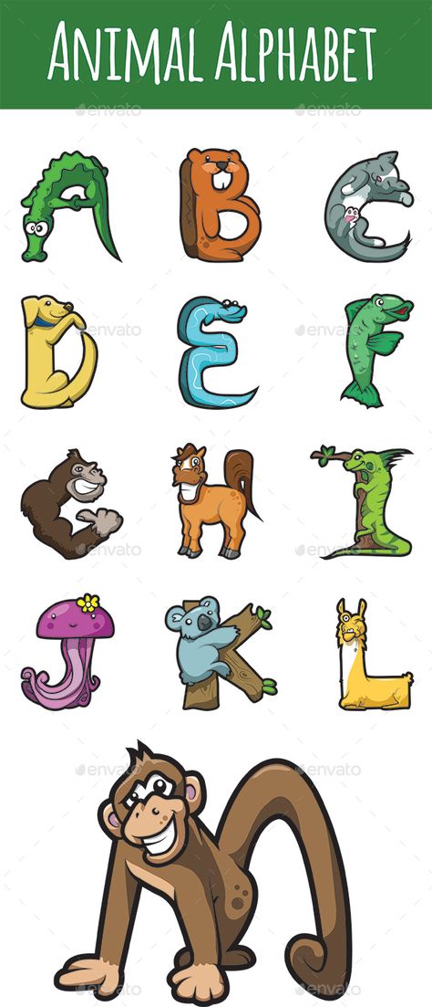 Animal alphabet Letters A through M for whatever you can imagine. They can be educational or to decorate a nursery, create a poste Abcd Letters, Animal Shaped Foods, Kindergarten Parent, Animal Alphabet Letters, Monkey Nursery, Kindergarten Valentines, Valentines Letter, Letters Alphabet, Letter To Parents